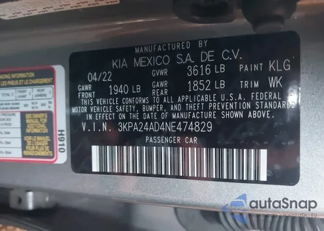 2022 Kia Rio S from USA, damaged, VIN 3KPA24AD4NE474829